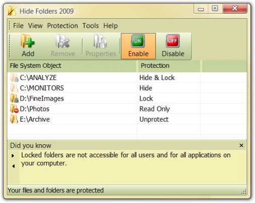 Пользовательский интерфейс программы HideFolder